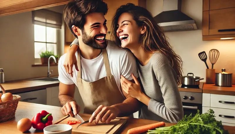 Casal cozinhando junto cozinha para despertar desejo e conexão