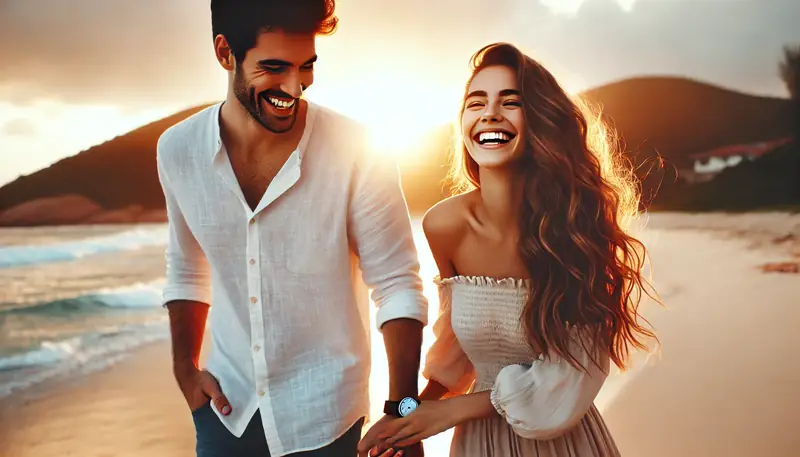 Casal feliz maos dadas por do sol