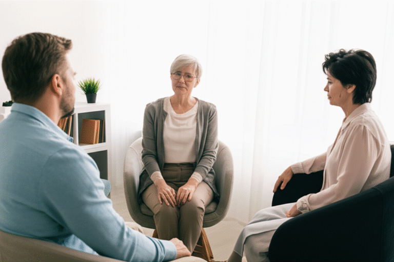 Terapia Sexual para uma Vida Íntima Satisfatória Casal conversando com um terapeuta em uma sessão