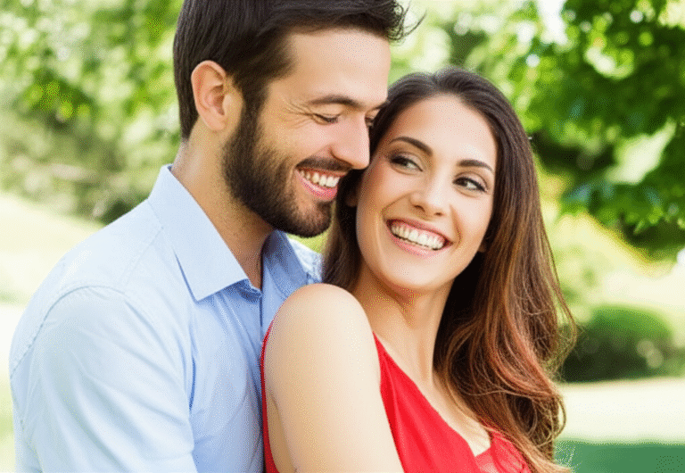 Espontaneidade no amor Casal sorrindo e se abraçando espontaneamente.