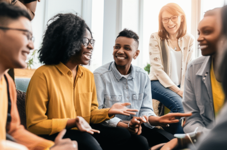 Comunicação e intimidade Pessoas sorrindo e conversando em um ambiente acolhedor
