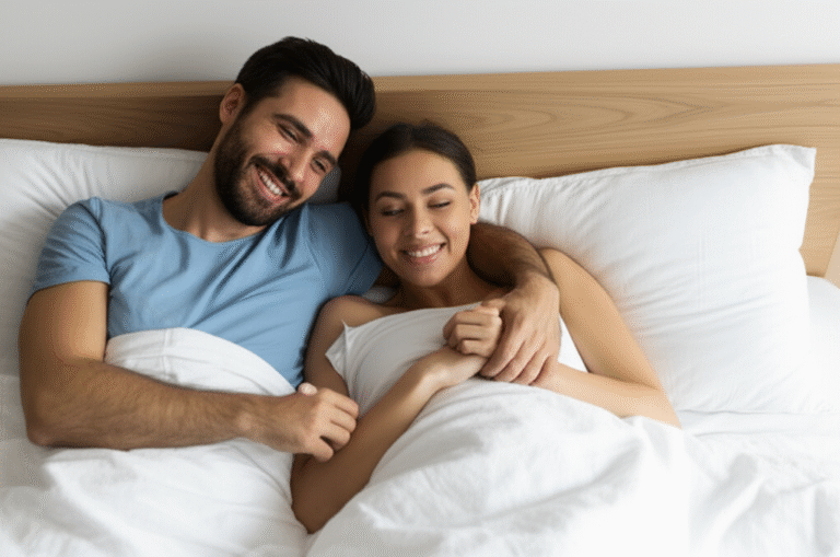 Intimidade e Bom Humor Casal sorrindo e se abraçando na cama