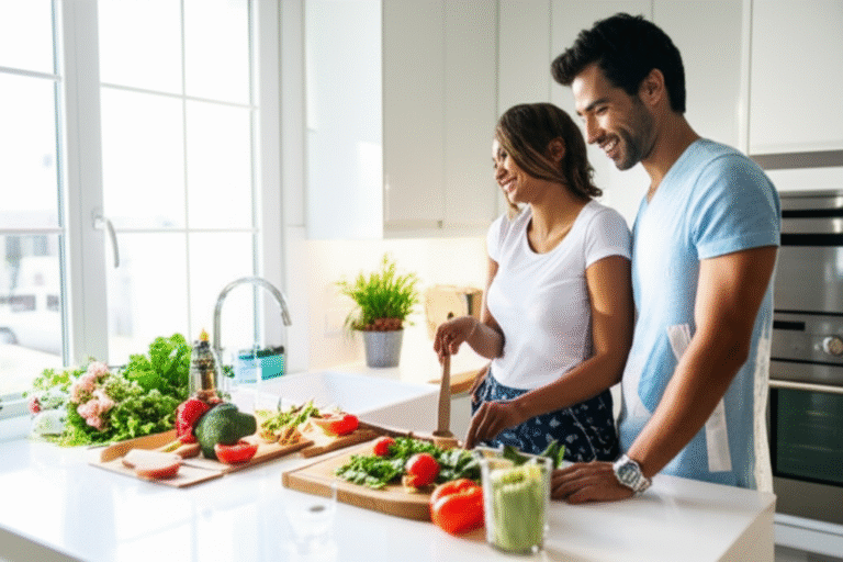 Casal cozinhando junto na cozinha