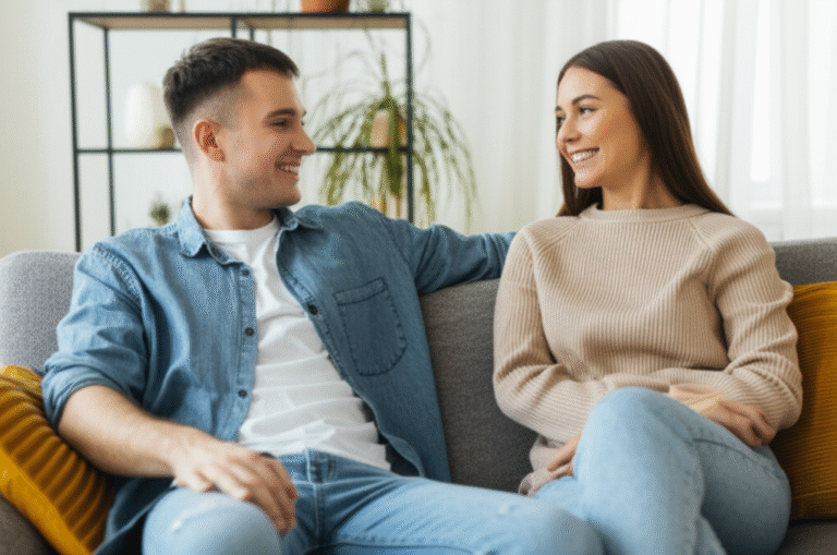 Casal conversando em um sofá