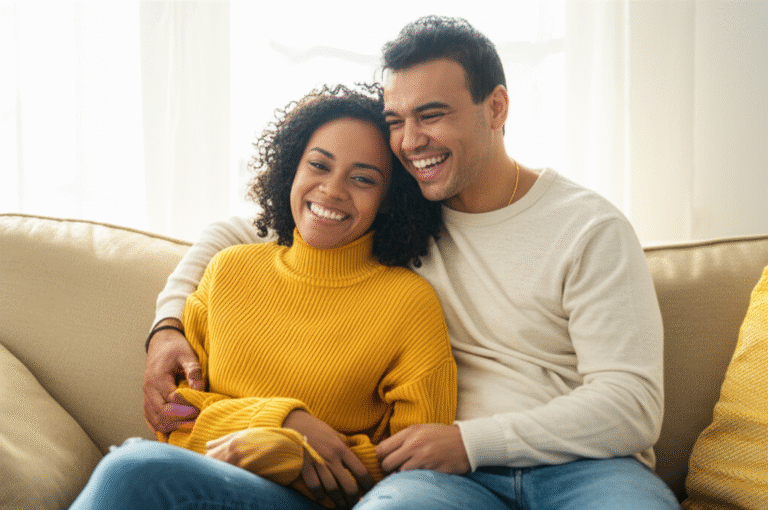 Comunicação e Intimidade no Casal Casal sorrindo abraçado em um ambiente aconchegante