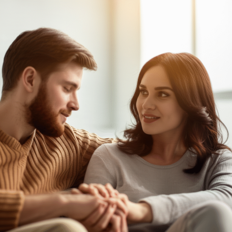 Casal sorrindo e se abraçando em um ambiente aconchegante.