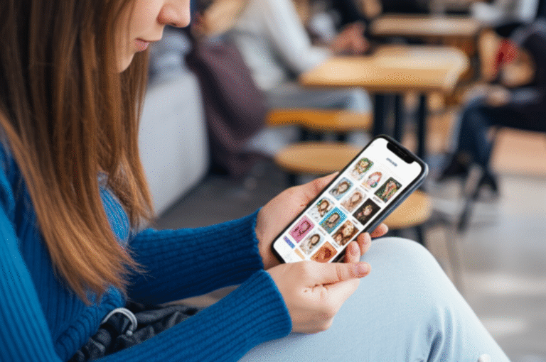 Sobrecarga de Escolhas em Aplicativos de Namoro Mulher pensativa olhando para um smartphone com diversos perfis de aplicativos de namoro.