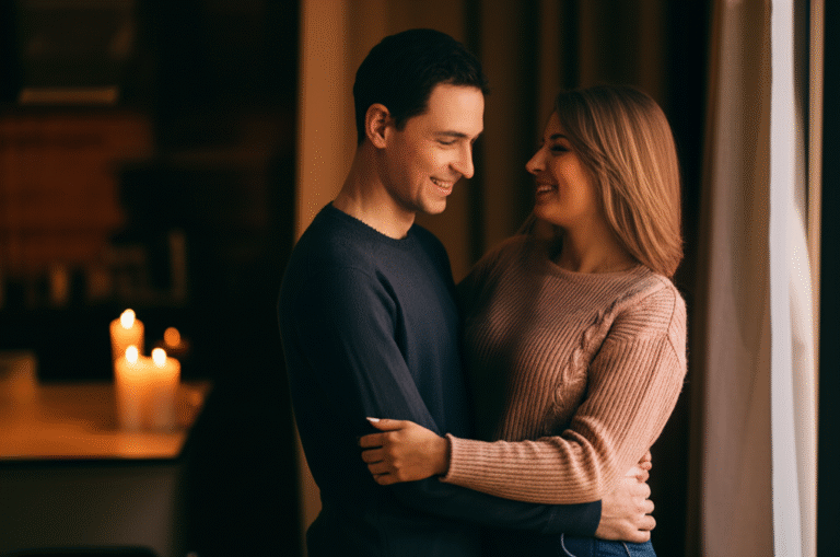 Conexão e Intimidade em Relacionamentos Casal sorrindo e se abraçando em um ambiente aconchegante.