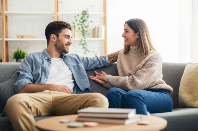 Comunicação Sexual Saudável Casal sorrindo e conversando em um ambiente acolhedor.