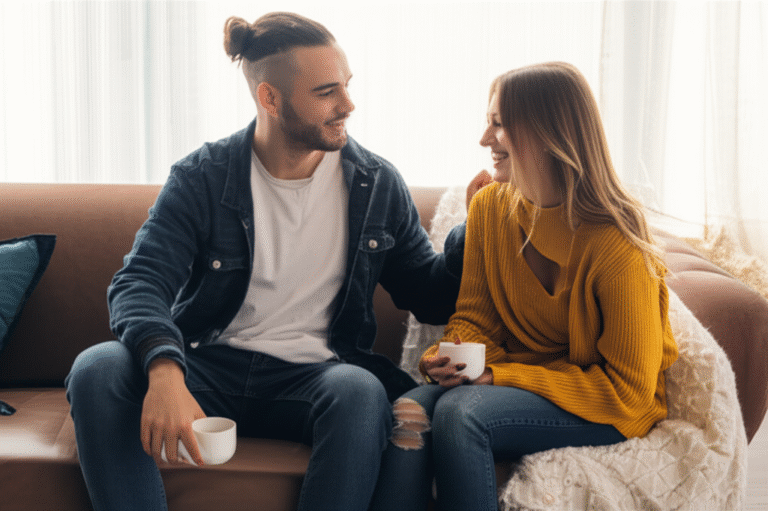 Comunicação aberta no relacionamento Casal conversando abertamente em um ambiente acolhedor