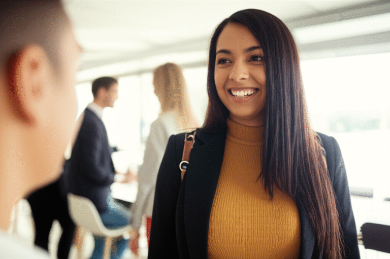 Autoconfiança e Conexão Mulher confiante sorrindo e interagindo com um grupo.
