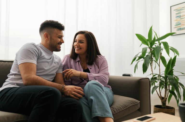 Comunicação Aberta e Prazer Casal conversando abertamente e sorrindo em um ambiente íntimo.