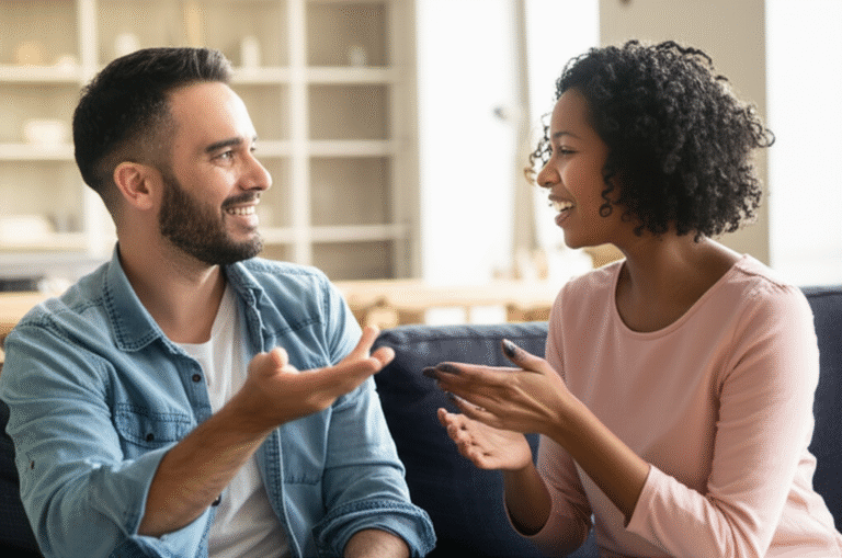 Comunicação Essencial para Relações Saudáveis Casal conversando sorrindo um para o outro, representando comunicação aberta e honesta.