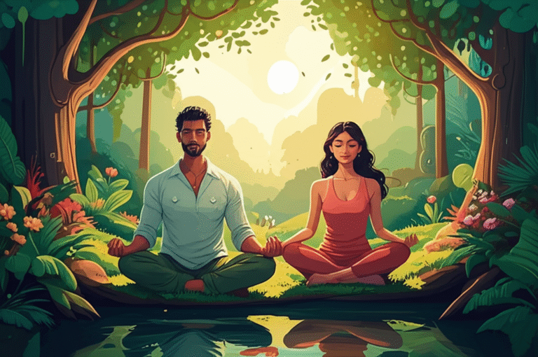 Conexão e Sustentabilidade Casal meditando em meio à natureza exuberante