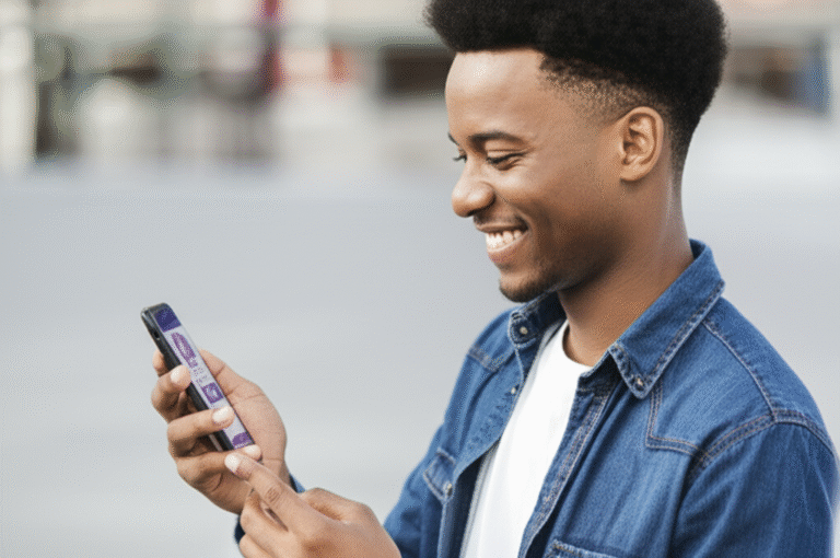 Jovem navegando em aplicativo de educação sexual no smartphone