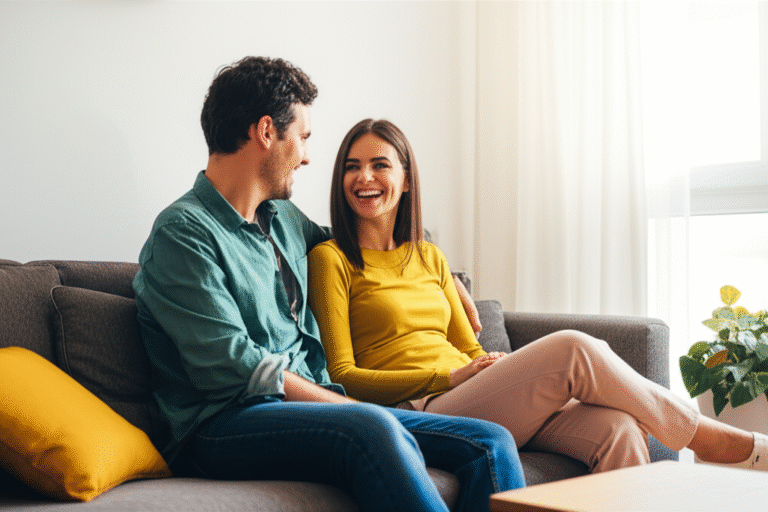 Diálogo Aberto e Íntimo Casal conversando sorrindo em um sofá