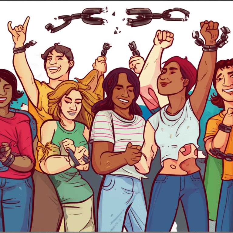 Libertação Sexual: Quebrando Correntes Pessoas diversas quebrando correntes, representando a libertação de normas sexuais.