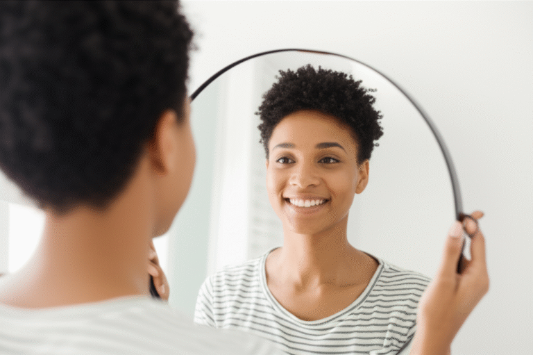 Autoaceitação Sexual: Reflexo da Individualidade Pessoa se olhando no espelho e sorrindo, representando autoaceitação e individualidade sexual.