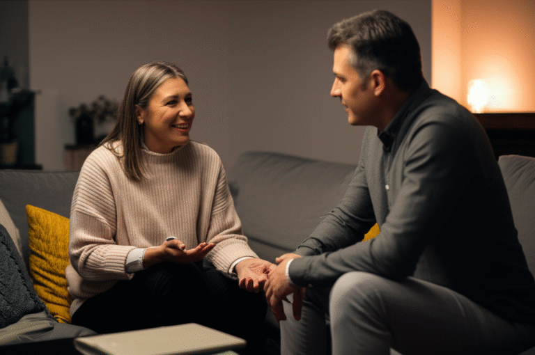 Comunicação Aberta na Intimidade Casal conversando abertamente sobre intimidade e desejos.