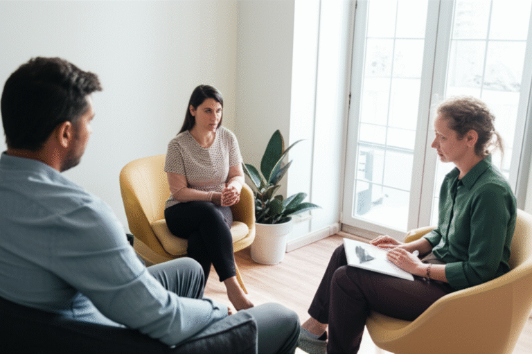 Terapia Sexual para Reconectar Casal em terapia sexual conversando com um terapeuta.