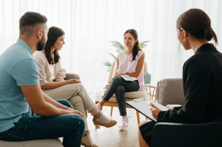 Casal conversando com um terapeuta em um consultório