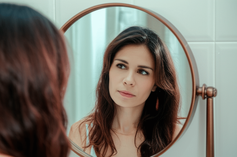Inseguranças Intimas Mulher pensativa em frente ao espelho, refletindo sobre suas inseguranças.