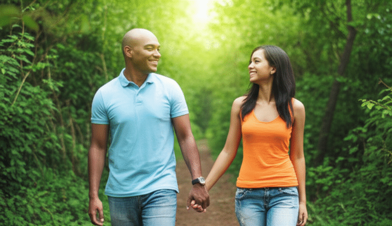 Construindo Confiança Sexual Casal sorrindo e de mãos dadas em um ambiente aconchegante.