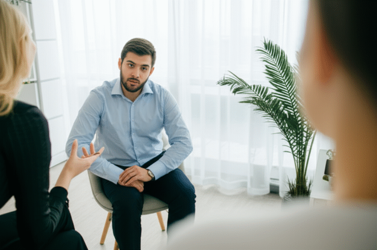 Buscando Ajuda Profissional Terapeuta ouvindo atentamente paciente em sessão.