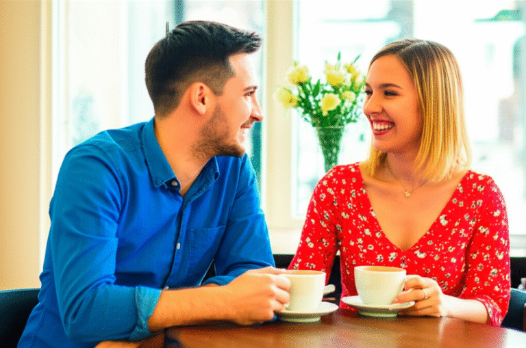 Conexão Romântica e o Efeito Halo Casal sorrindo e de mãos dadas em um ambiente romântico.