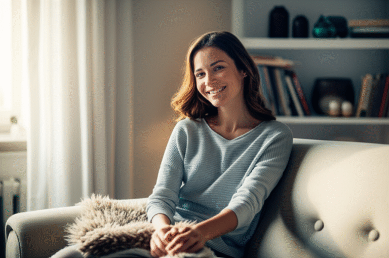 Confiança e Autoestima na Intimidade Mulher sorrindo e relaxada em um ambiente íntimo.