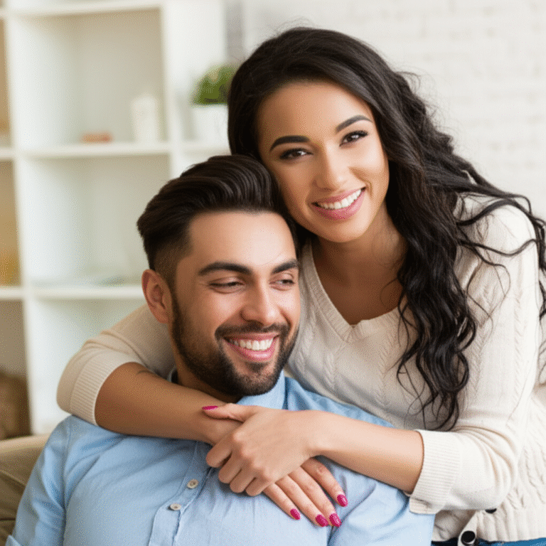 Desejo Sexual e Intimidade Casal sorrindo e se abraçando em um momento íntimo