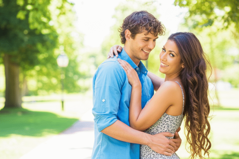 Intimidade e Conexão no Relacionamento Casal sorrindo e se abraçando em um parque