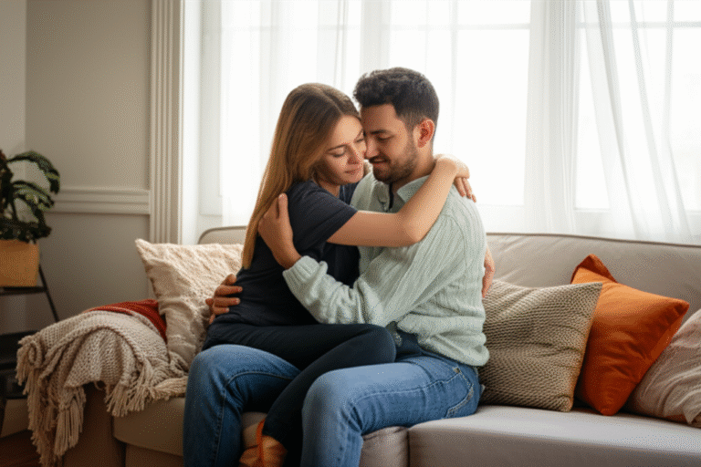 Conexão Intima Sem Distrações Casal abraçado, longe de dispositivos eletrônicos, sorrindo