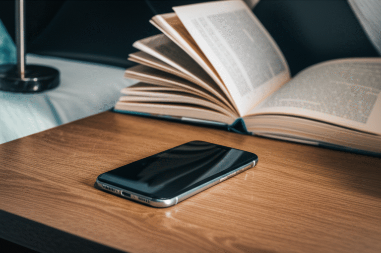 Desconectando Para Reconectar Celular desligado sobre uma mesa de cabeceira, com um livro ao lado