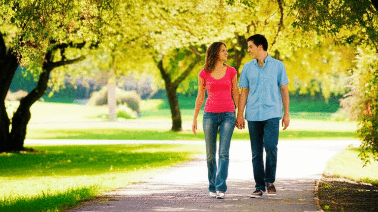 Intimidade Revigorada Casal de mãos dadas, caminhando em um parque ensolarado, sorrindo
