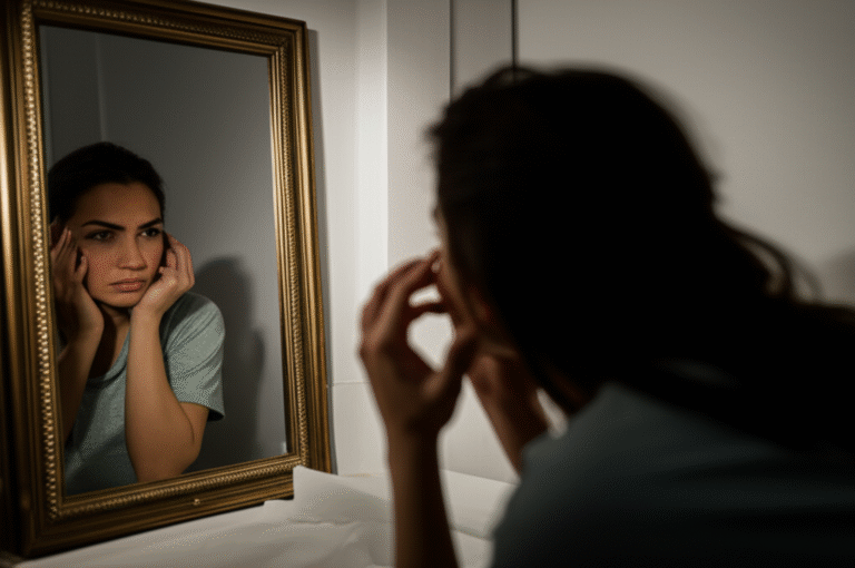 Ansiedade e Insegurança Sexual Pessoa ansiosa olhando para o espelho.