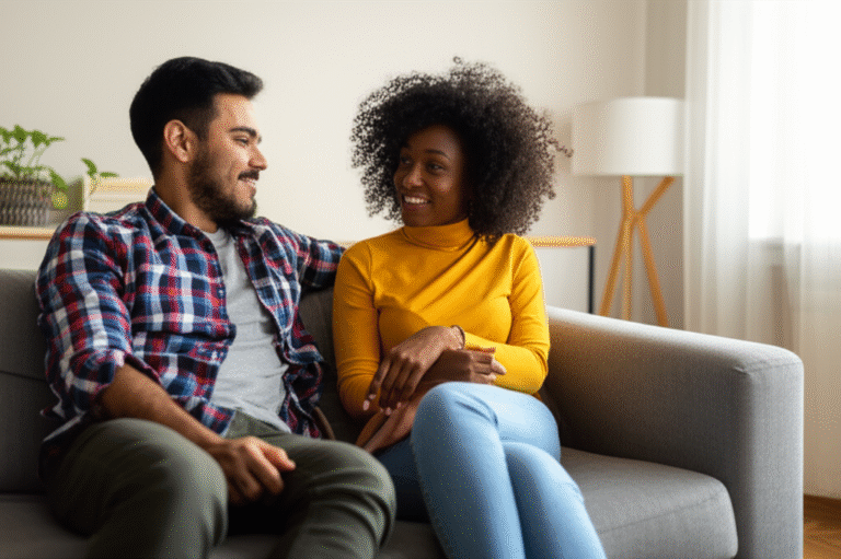 Comunicação Sexual Aberta Casal conversando abertamente sobre desejos sexuais.