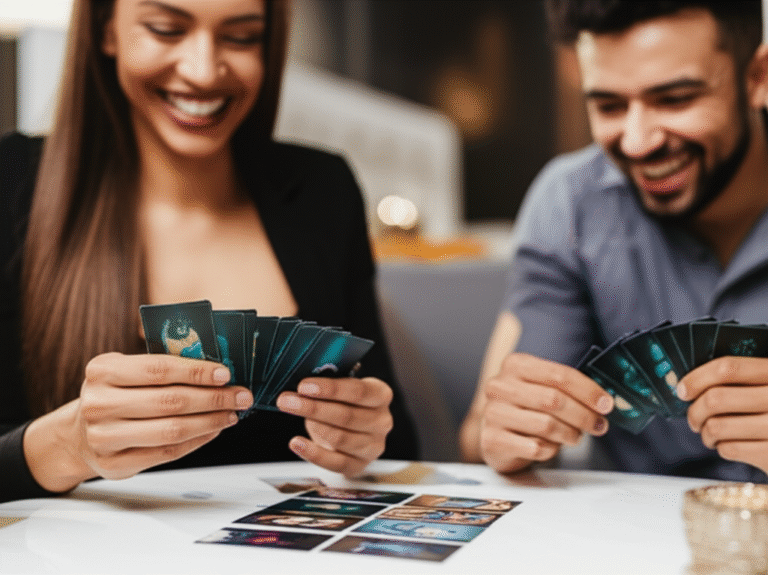 Jogos Eróticos Divertidos Casal jogando um jogo erótico com cartas.