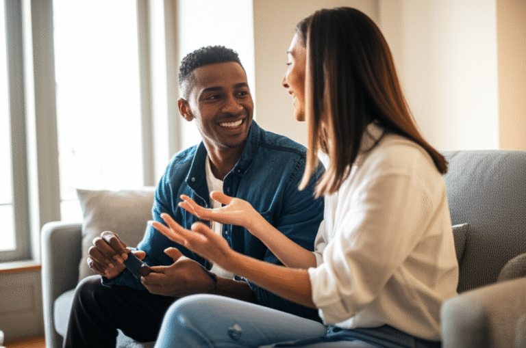 Comunicação Aberta e Intimidade Casal conversando sorrindo e relaxado