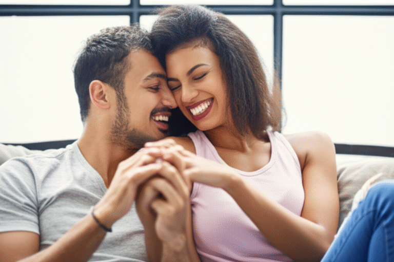 Casal sorrindo e se abraçando na cama