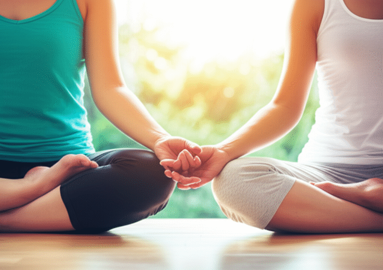 Casal meditando de mãos dadas