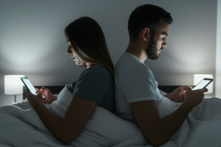 Casal olhando para seus celulares na cama, ignorando um ao outro.